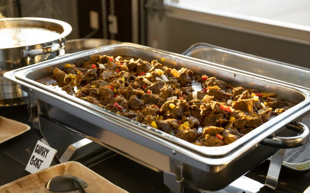 curry goat in catering pan
